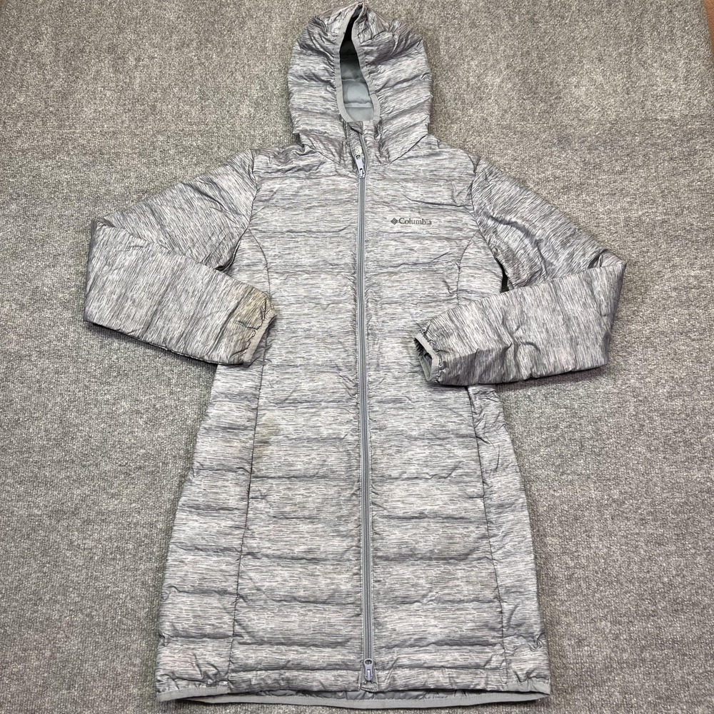 Columbia Coat Womens XS Gray Hooded Down Puffer Long Zip Pockets Warm Outdoor